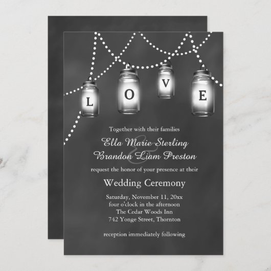 Pots de maçon d'amour sur le faire-part de mariage (Devant / Derrière)
