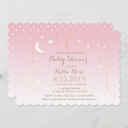 Pots rose Polkda Moon Star Baby shower Invitation (Devant / Derrière)