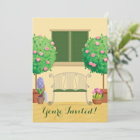 Potted Garden met Bench Bruids Douche Uitnodiging (Staand voorkant)