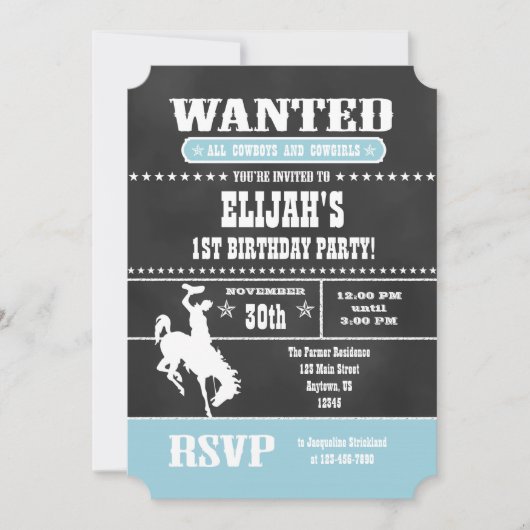 Poudre Bleu Chalkboard Cowboy Invitation Anniversa (Devant)