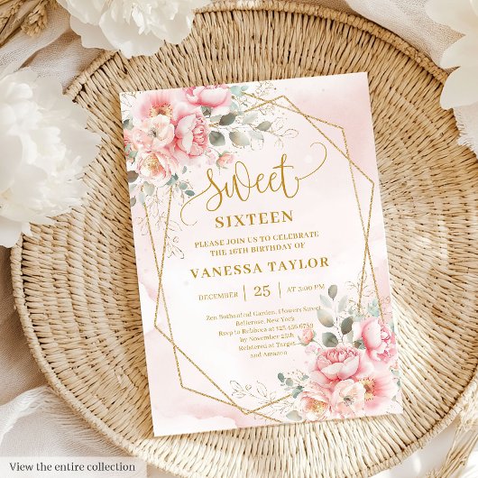 Poudre Chic Pink Gold Peonies Sweet 16 Invitation