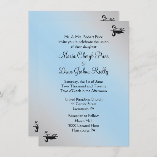 Poudre de cygne bleu mariage invitations (Devant / Derrière)
