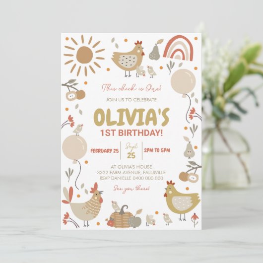 Poulet 1er anniversaire Invitation Automne (Debout devant)