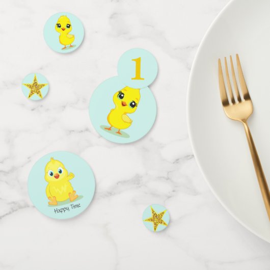 Poulet heureux sur table bleu clair Confetti (Groupe)