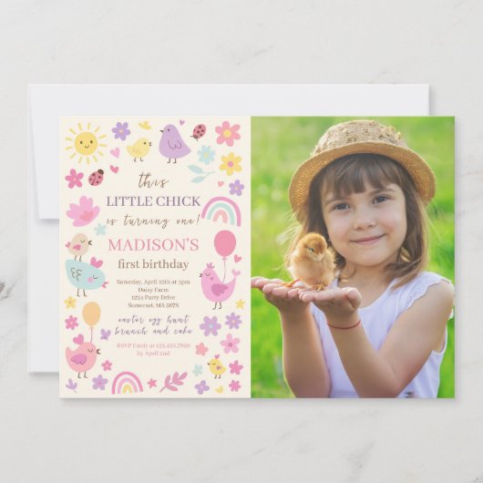 Poulet rose 1er Anniversaire Fête Photo Invitation (Devant)
