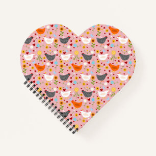 Poulets dans le Jardin Fleur Carnet Coeur rose