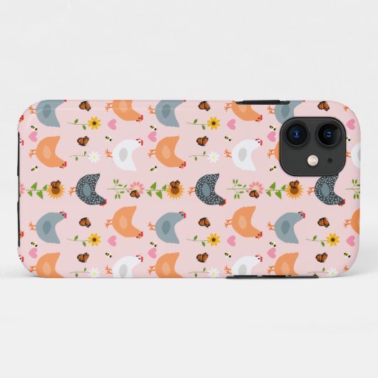 Poulets dans les fleurs rose iPhone 11 Coque (Dos (Horizontal))