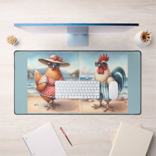 Poulets en maillots de bain au bord de la mer
