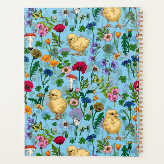 Poulets et fleurs sauvages sur bébé bleuChat dessi (Dos)