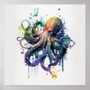Poulpe affiche en aquarelle