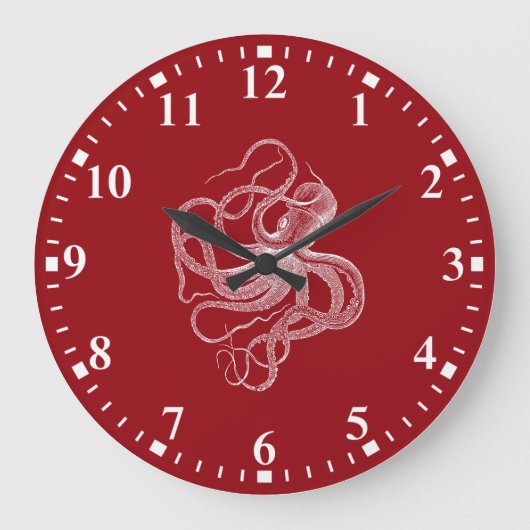 poulpe blanche sur une grande horloge rouge foncé (Recto)