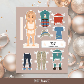 Poupée en papier de Noël Fille Blonde Tenues d'Hiv