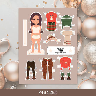 Poupée en papier de Noël Fille Brune Robe d'Hiver