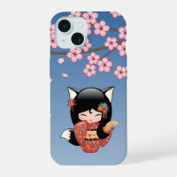 Poupée Kitsune Kokeshi - Black Fox Geisha Girl