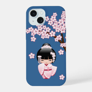 Poupée Kokeshi Kawaii Kimono Rose sur Fond Bleu