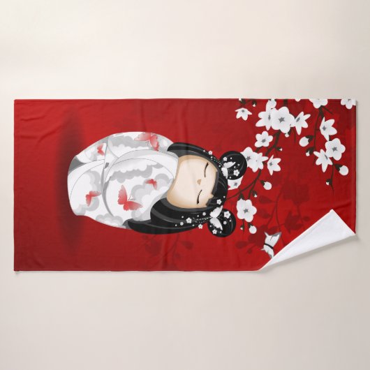 Poupée Kokeshi Rouge Noir Blanc Cerisier Fleurs (Serviette de bain)