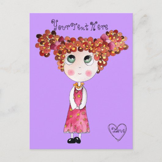 Poupée mignonne avec robe rose carte postale (Devant)