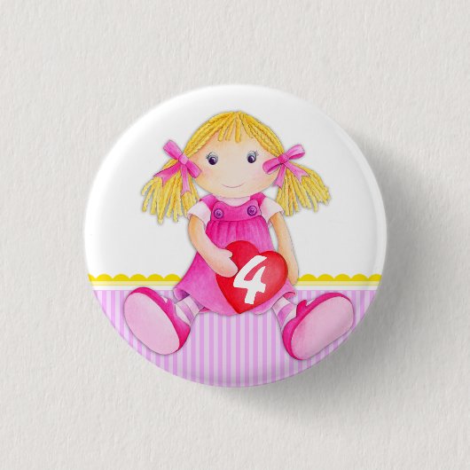 Poupée Rag fille âge 4 anniversaire badge bouton (Devant)
