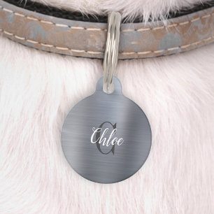 Pour Animaux Médaillon en métal brossé argent luxe avec monogra