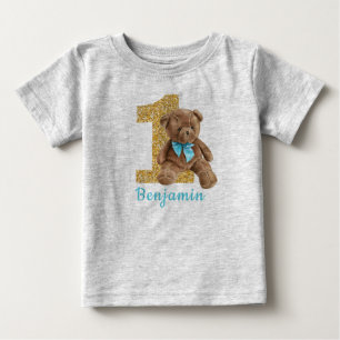 Pour Bébé Bleu et or 1er anniversaire Teddy Bear T-shirt bé