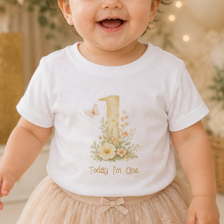 Pour Bébé Floral Beige One First Birthday Baby T-Shirt
