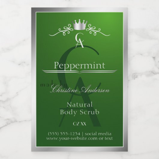 Pour Bocaux Étiquette de produit vert forêt Cadre argent Monog (Étiquettes simples)