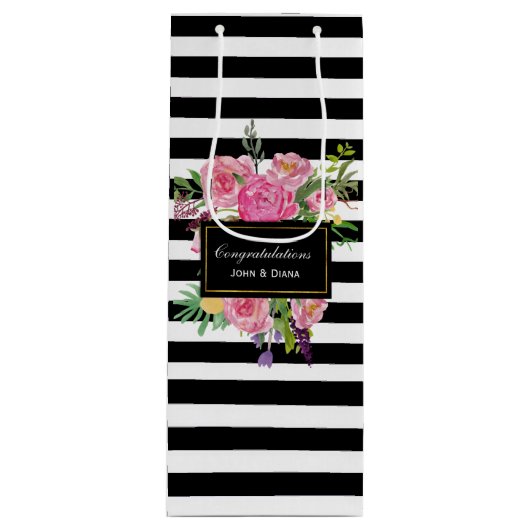 Pour Bouteille Sac cadeau vin rayures et fleurs élégant (Devant)