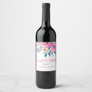 Pour Bouteilles De Vin Aquarelle rose Floral Brunch & Bubbly Étiquette à