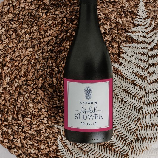 Pour Bouteilles De Vin Fête des mariées d'ananas rose et marine Étiquette