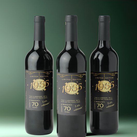 Pour Bouteilles De Vin Né 1955 70e anniversaire fête élégante Étiquette d