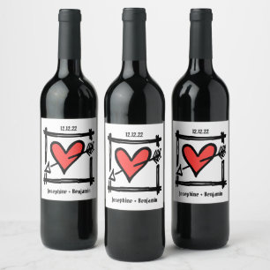 Pour Bouteilles De Vin Personnalisé Mariage Amour Coeur Noir & Étiquette
