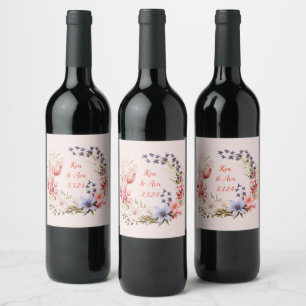 Pour Bouteilles De Vin Sunset Blossoms Aquarelle Wreath Wine Étiquette