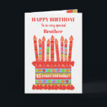 Pour Brother Custom Age Carte de gâteau d'annivers<br><div class="desc">Vous pouvez ajouter l'âge à cette carte d'anniversaire aux couleurs vives pour votre frère, avec un gâteau d'anniversaire aux fraises. Le gâteau a beaucoup de bougies avec différents motifs et il y a une bande à motifs autour du gâteau avec des fruits d'été colorés - fraises, framboises, citron vert et...</div>