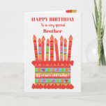 Pour Brother Custom Age Carte de gâteau d'annivers<br><div class="desc">Vous pouvez ajouter l'âge à cette carte d'anniversaire aux couleurs vives pour votre frère, avec un gâteau d'anniversaire aux fraises. Le gâteau a beaucoup de bougies avec différents motifs et il y a une bande à motifs autour du gâteau avec des fruits d'été colorés - fraises, framboises, citron vert et...</div>