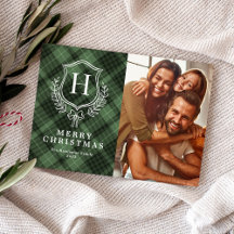 Cartes de Noël avec monogramme à carreaux verts cl