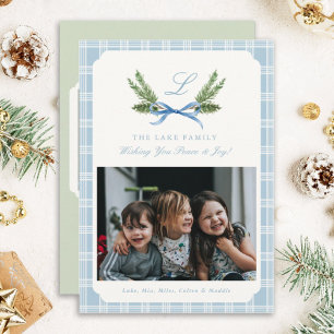 Pour Fêtes Annuelles Cartes de Noël bleu Plaid Monogramme Wreath