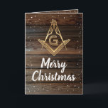 Pour Fêtes Annuelles Cartes de Noël maçonniques en bois rustique<br><div class="desc">Chaleureux et accueillant bois rustique cartes de Noël maçonniques en or que vous pouvez personnaliser! Le design unique et vintage représente un carré doré et un symbole de boussole de la franc-maçonnerie sur d'élégantes planches rustiques en bois foncé. La chute de neige blanche borde ces cartes de fin de année...</div>