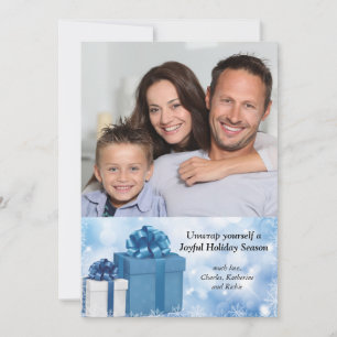 Pour Fêtes Annuelles Cartes de vacances photo bleue avec cadeaux