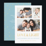Pour Fêtes Annuelles Gold LOVE & LIGHT Simple Photo Hanoukka Cartes<br><div class="desc">Cartes Hanoukka avec espace pour trois photos, les mots "LOVE & LIGHT" dans un effet brillant de papier doré (attention, il s'agit d'un effet imprimé, pas de papier doré). Le design de l'arrière comporte un cadre d'étoiles dorées brillantes et de pois contre un arrière - plan bleu clair. Le bleu...</div>