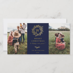 Pour Fêtes Annuelles Golden Wreath Monogram Vacances 2 Cartes photos Bl