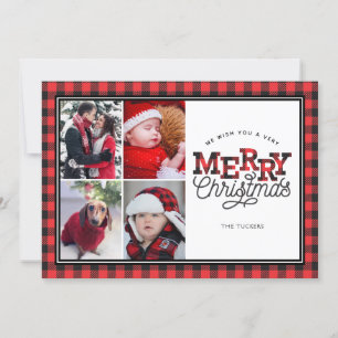 Pour Fêtes Annuelles MERRY Buffalo Plaid Bordure 4 Cartes photos