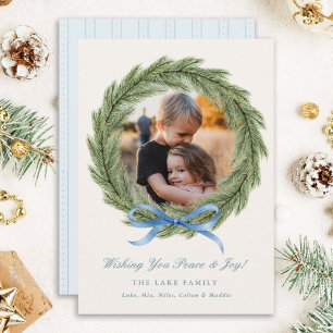 Pour Fêtes Annuelles Photo Cartes de Noël Watercolor Wreath Blue Bow