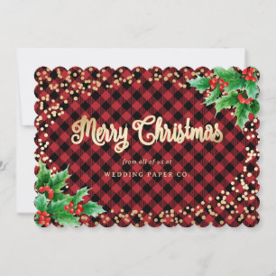 Pour Fêtes Annuelles Rouge Gold Plaid Holly Business Cartes de Noël