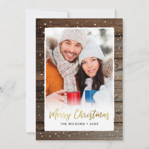 Pour Fêtes Annuelles Rustic Wood Gold Joyeux Cartes photos de Noël