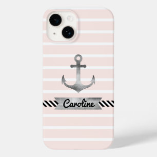 Pour iPhone 14 Ancre d'aquarelle rose élégant Coque personnalisé
