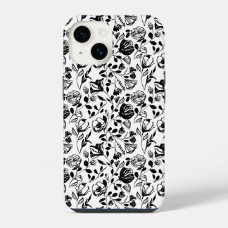Pour iPhone 14 Coque floral noir et blanc tiré à la main
