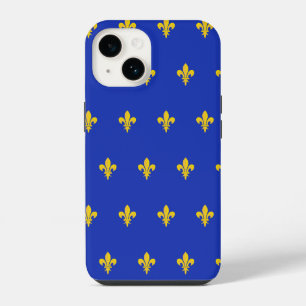 Pour iPhone 14 Coque téléphone Bleu Roi avec Fleur de Lys Or