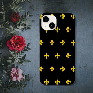 Pour iPhone 14 Coque téléphone noire avec motif Fleur de Lys Or