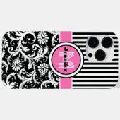 Pour iPhone 14 Pro Max Monogramme rose, noir, blanc Coque en damas rayé (Verso (horizontal))