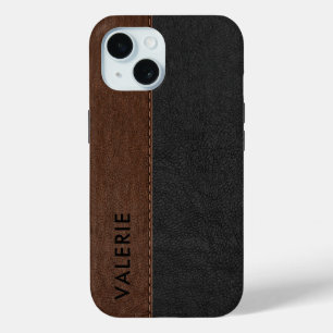 Pour iPhone 15 Masculine Noir & Brown Vintage Faux Coque en cuir 